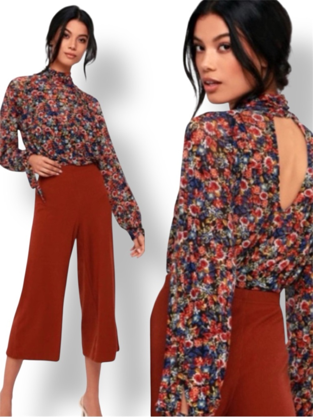 Free People All Dolled Up Black Floral Print Mesh Long Sleeve Crop Top Size L/G
